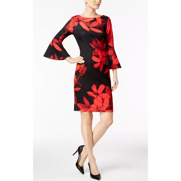 Calvin Klein Dresses & Skirts - Calvin Klein Bell-Sleeve Sheath Dress Floral Print Red Black Knee Length 10